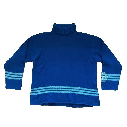 Stone Island grey and navy wool roll neck sweater with compass patch and striped details.