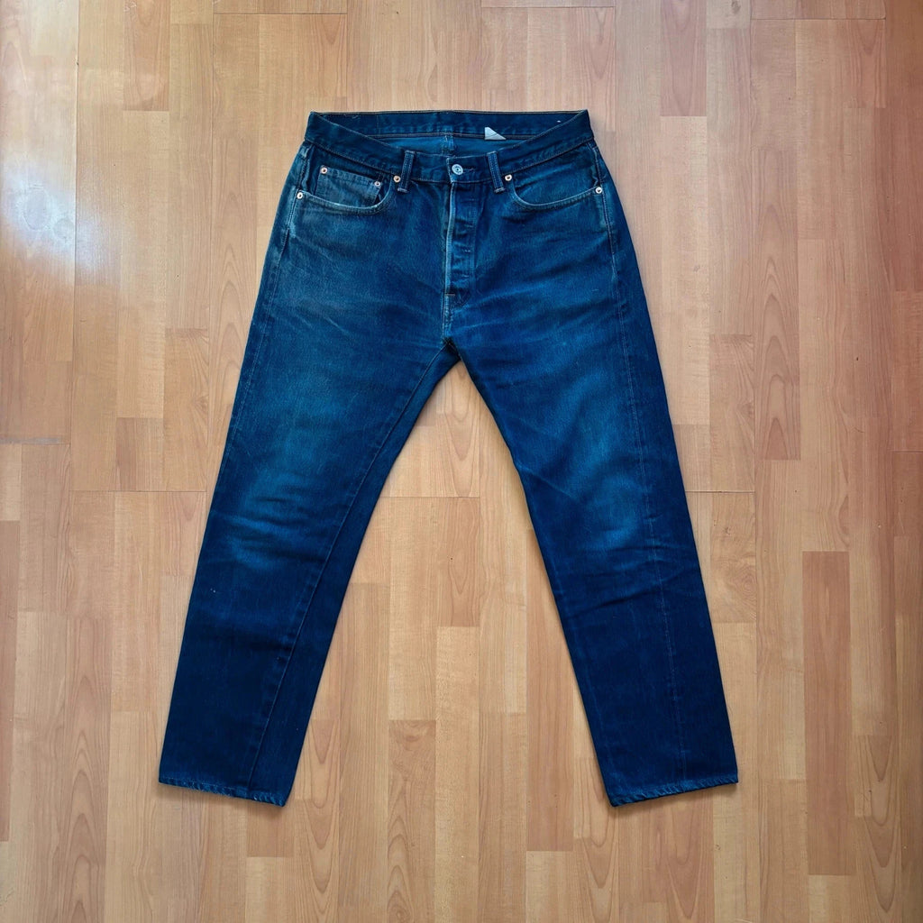 Levi's Vintage Clothing blue straight jeans with LVC leather patch and copper rivets.