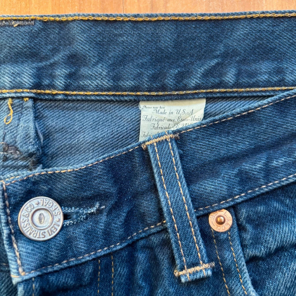 Levi's Vintage Clothing blue straight jeans with LVC leather patch and copper rivets.