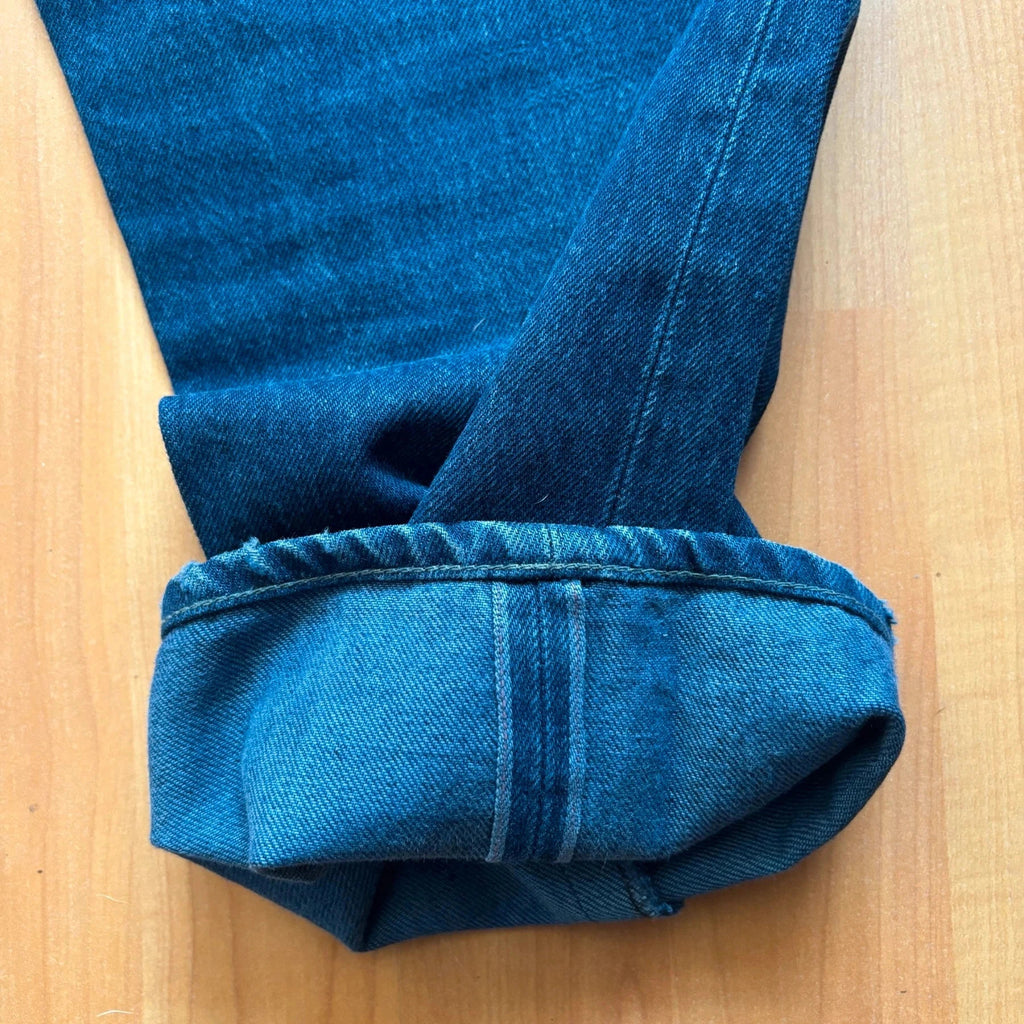 Levi's Vintage Clothing blue straight jeans with LVC leather patch and copper rivets.