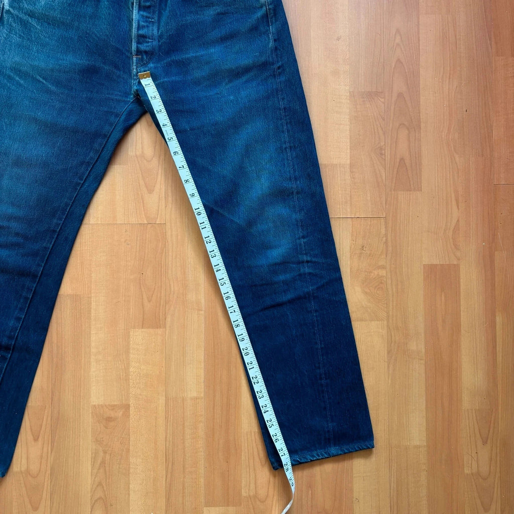 Levi's Vintage Clothing blue straight jeans with LVC leather patch and copper rivets.
