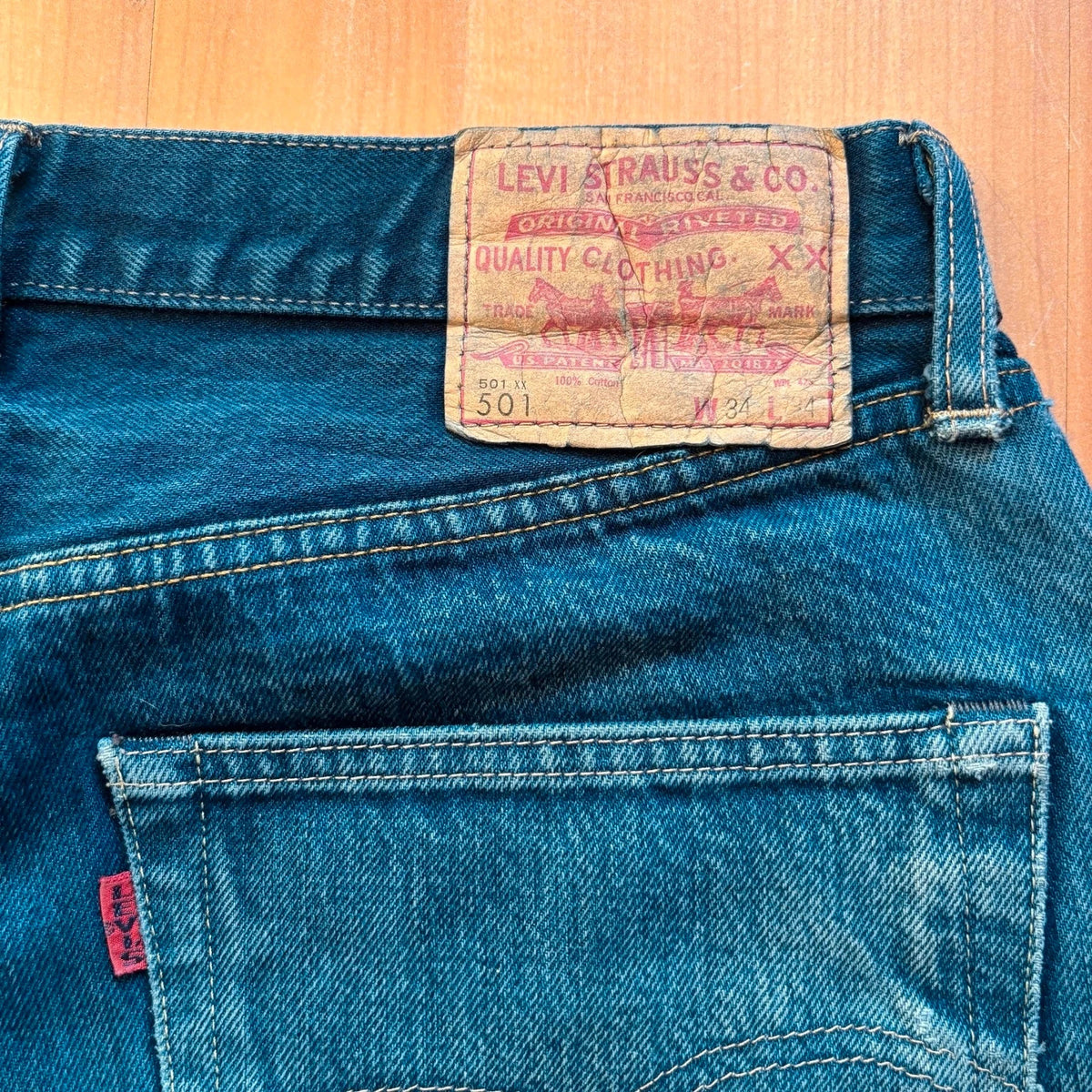 Levi's Vintage Clothing blue straight jeans with LVC leather patch and copper rivets.