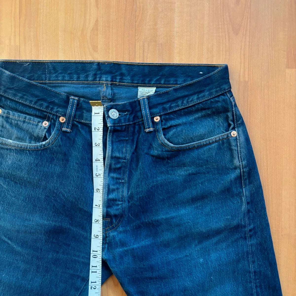 Levi's Vintage Clothing blue straight jeans with LVC leather patch and copper rivets.