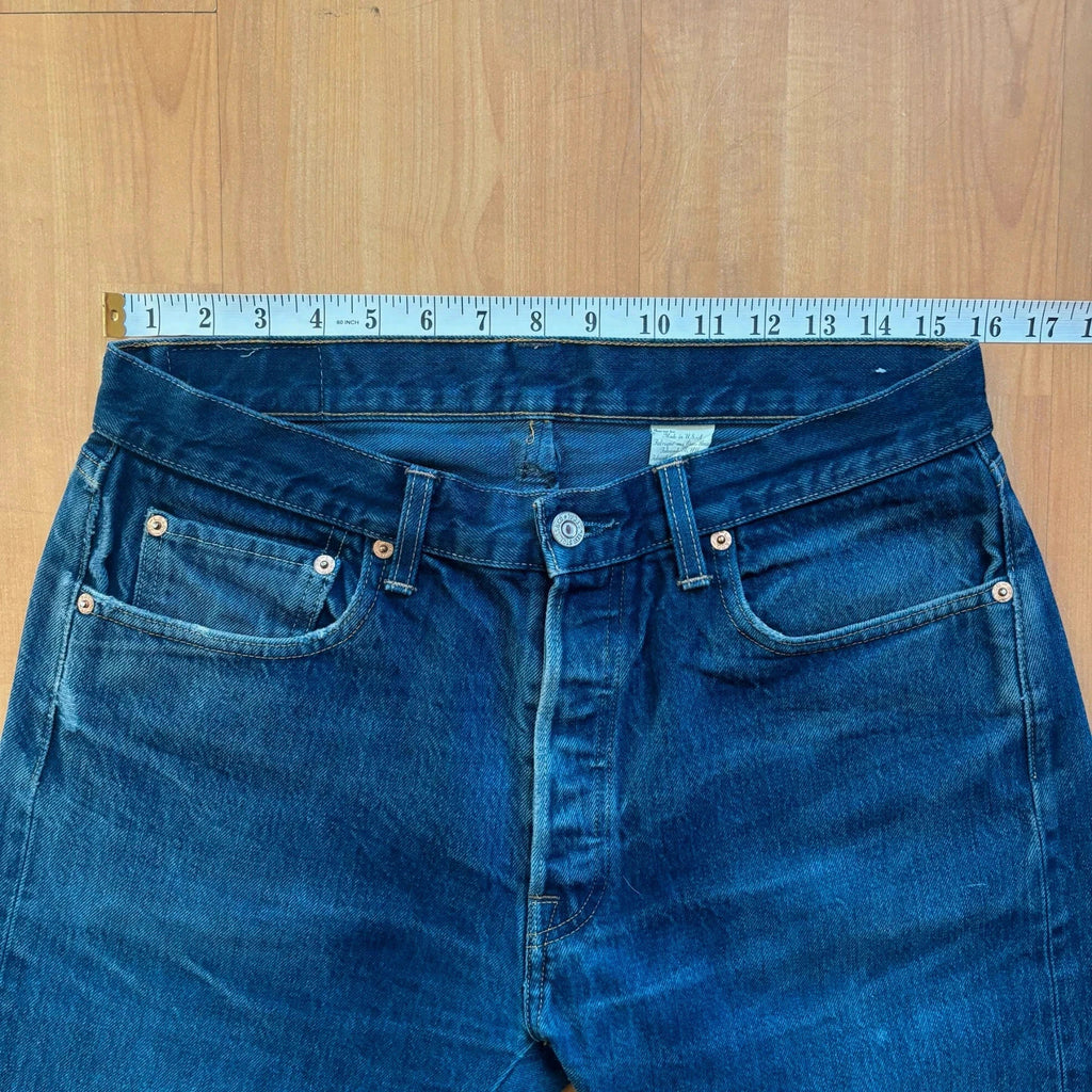 Levi's Vintage Clothing blue straight jeans with LVC leather patch and copper rivets.