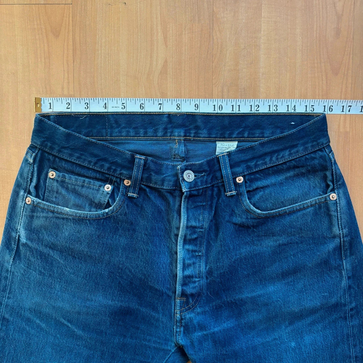 Levi's Vintage Clothing blue straight jeans with LVC leather patch and copper rivets.