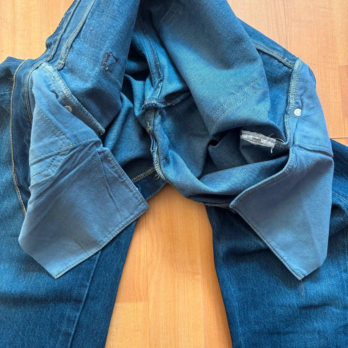 Levi's Vintage Clothing blue straight jeans with LVC leather patch and copper rivets.