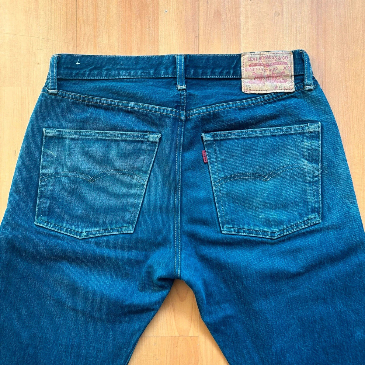 Levi's Vintage Clothing blue straight jeans with LVC leather patch and copper rivets.