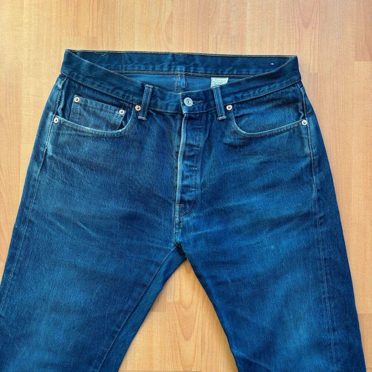 Levi's Vintage Clothing blue straight jeans with LVC leather patch and copper rivets.
