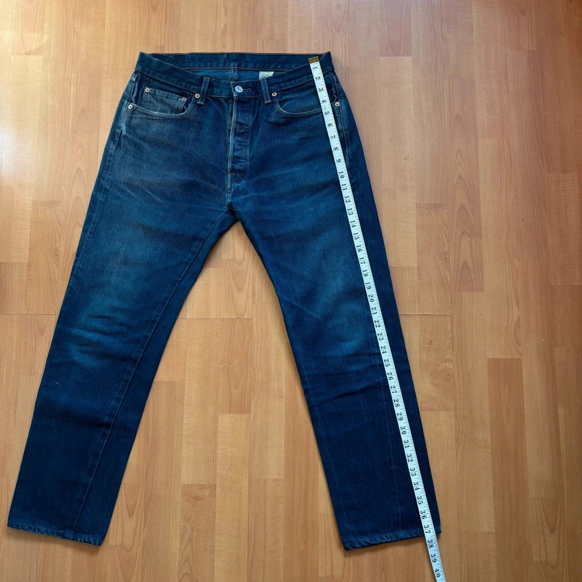 Levi's Vintage Clothing blue straight jeans with LVC leather patch and copper rivets.