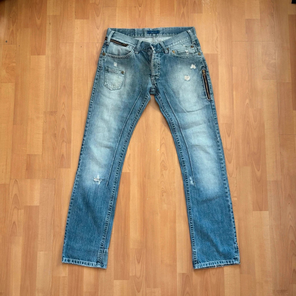 Daniele Alessandrini blue straight jeans with distressed details and front zip pockets.