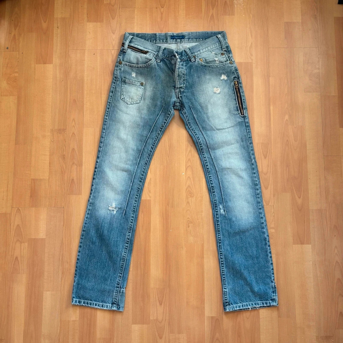 Daniele Alessandrini blue straight jeans with distressed details and front zip pockets.