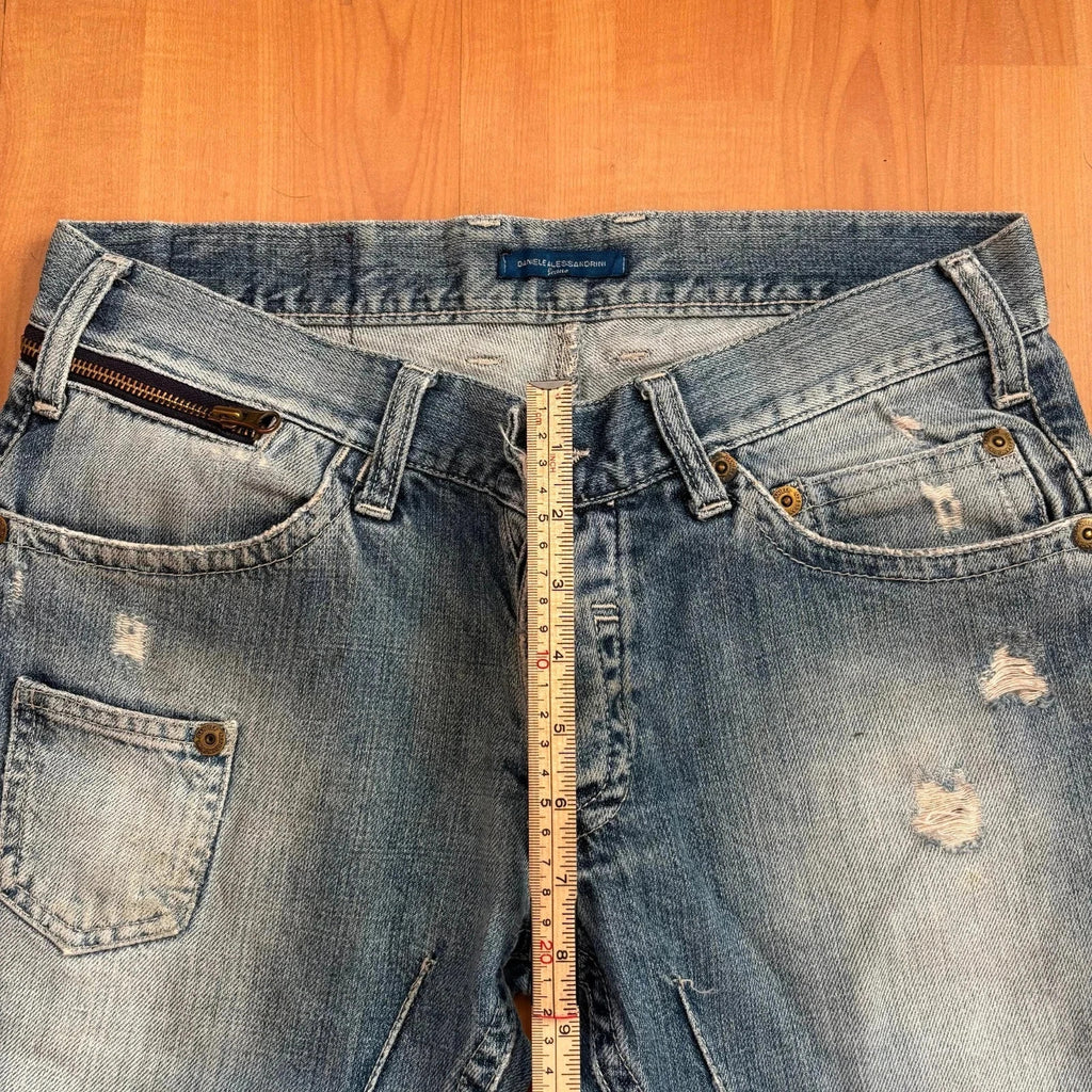 Daniele Alessandrini blue straight jeans with distressed details and front zip pockets.