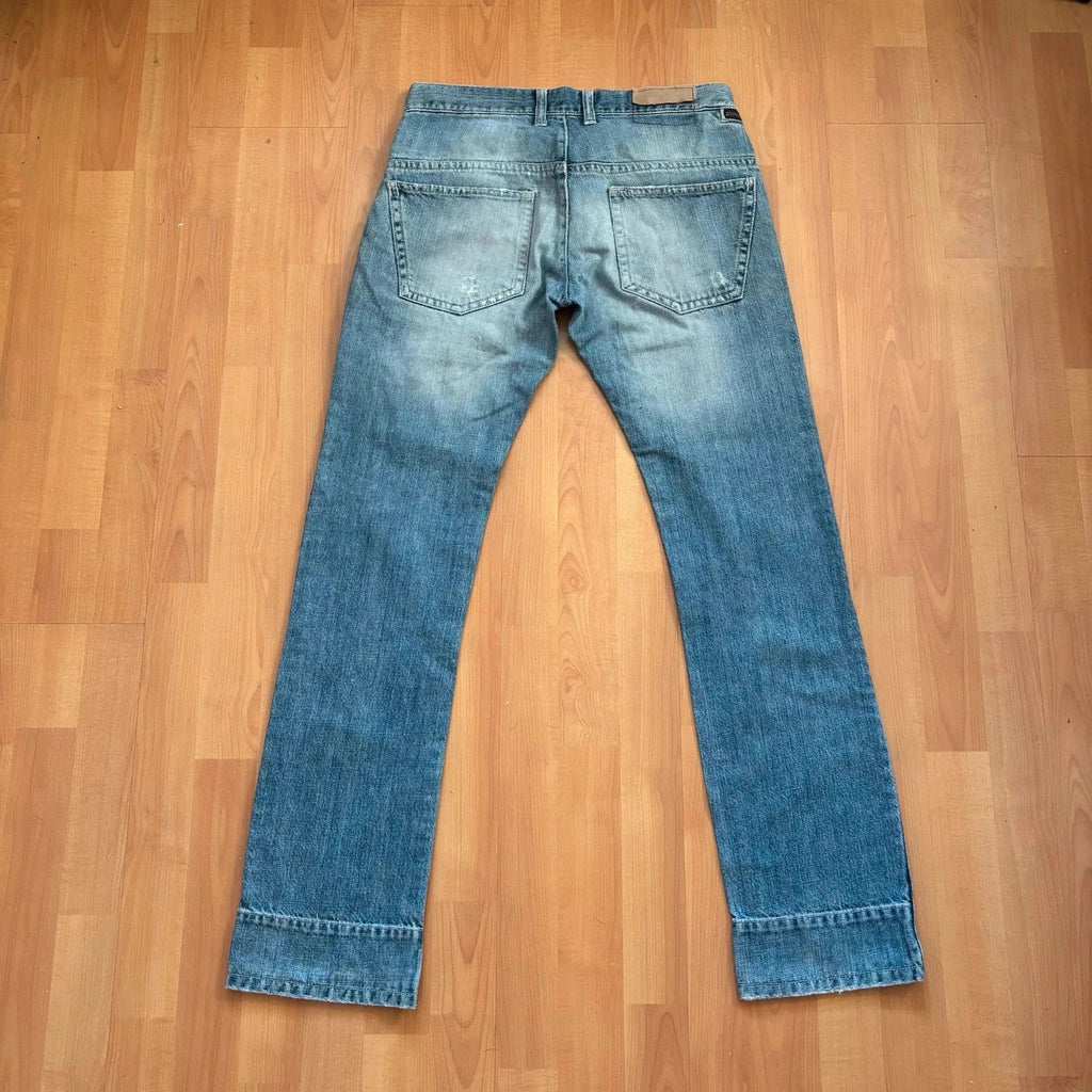 Daniele Alessandrini blue straight jeans with distressed details and front zip pockets.