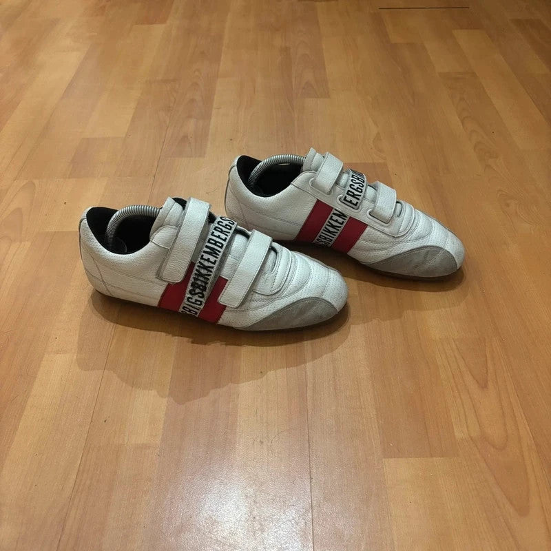 Bikkembergs red and white trainers with velcro straps, perforated leather, and suede accents.