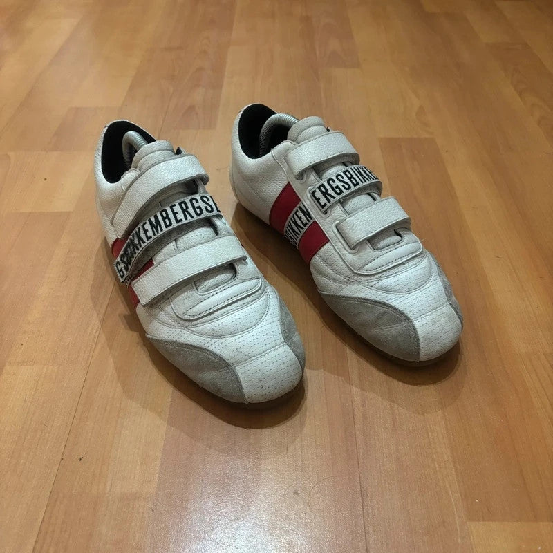 Bikkembergs red and white trainers with velcro straps, perforated leather, and suede accents.