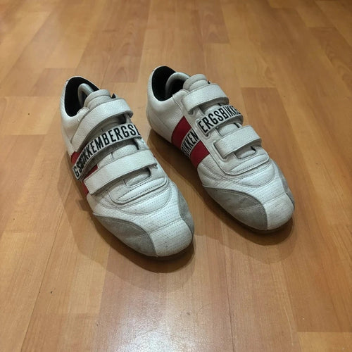 Bikkembergs red and white trainers with velcro straps, perforated leather, and suede accents.