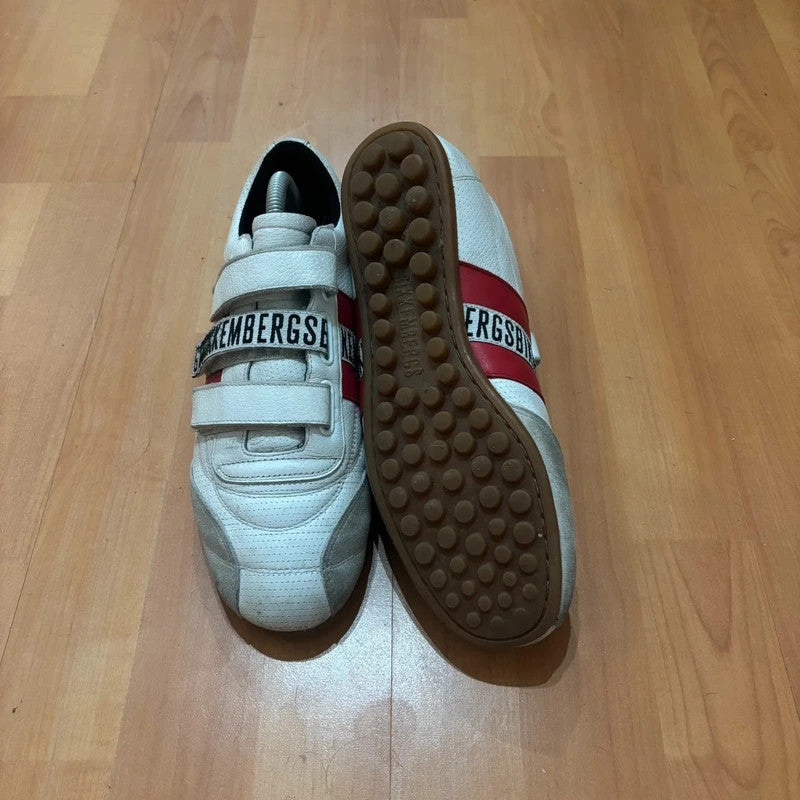 Bikkembergs red and white trainers with velcro straps, perforated leather, and suede accents.