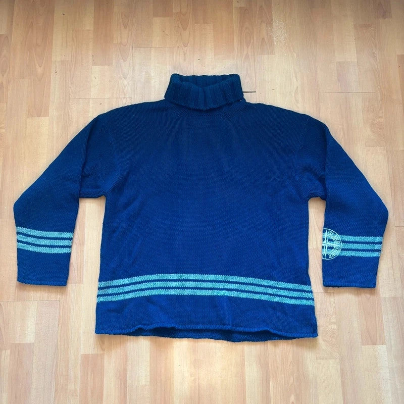 Stone Island grey and navy wool roll neck sweater with compass patch and striped details.