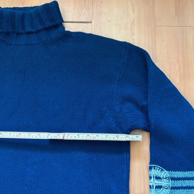 Stone Island grey and navy wool roll neck sweater with compass patch and striped details.