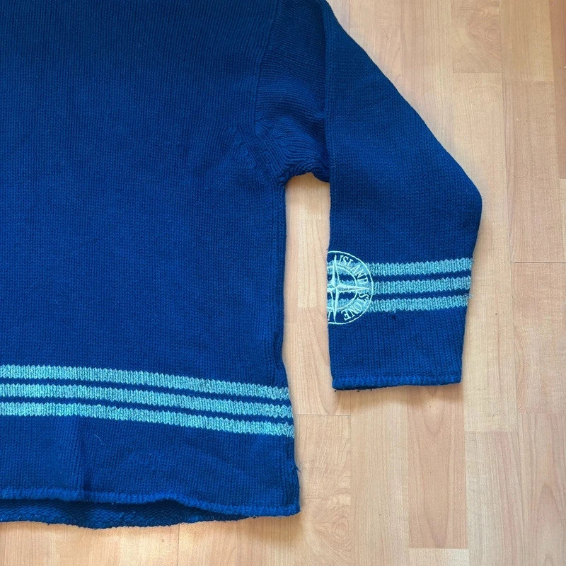 Stone Island grey and navy wool roll neck sweater with compass patch and striped details.