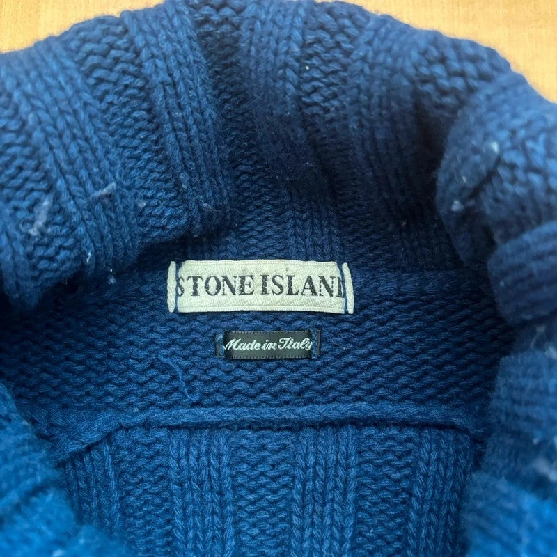 Stone Island grey and navy wool roll neck sweater with compass patch and striped details.