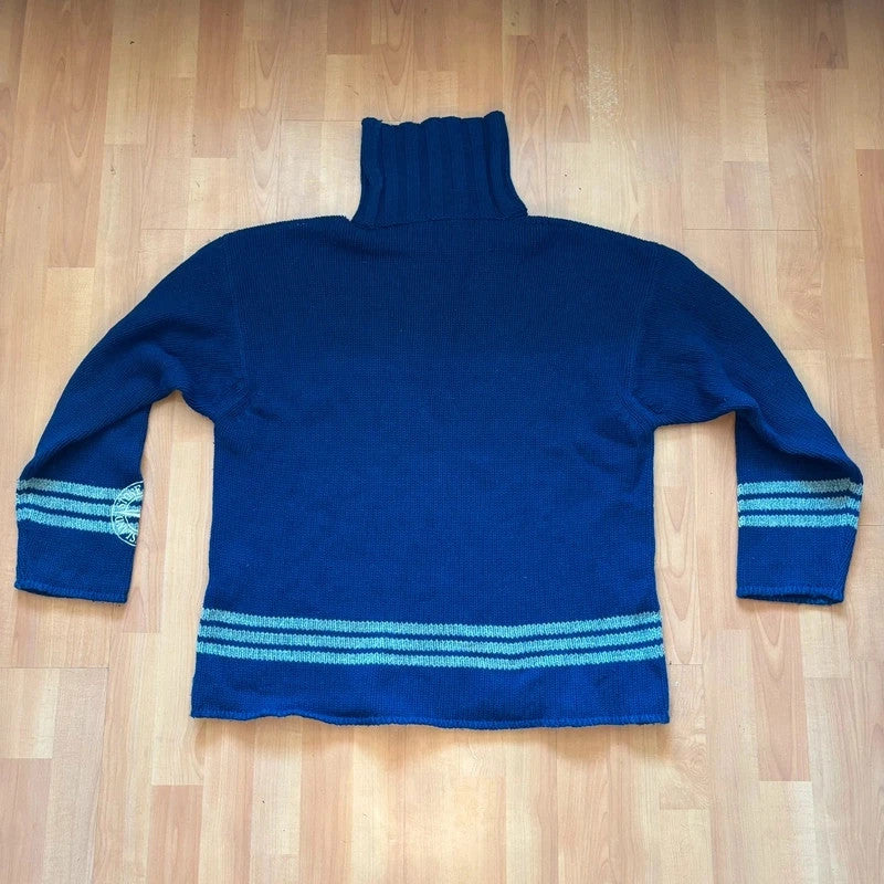 Stone Island grey and navy wool roll neck sweater with compass patch and striped details.