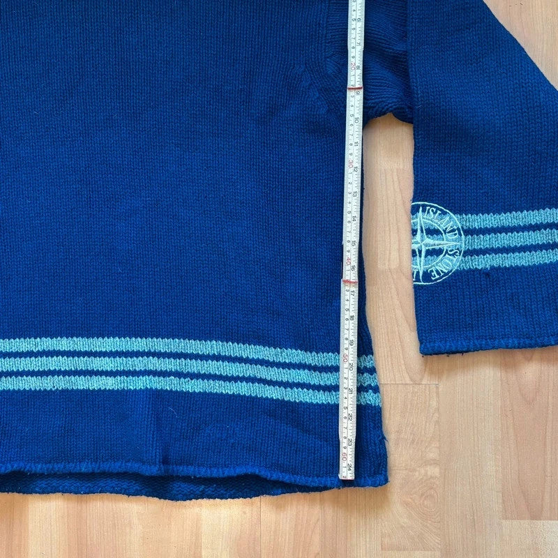 Stone Island grey and navy wool roll neck sweater with compass patch and striped details.