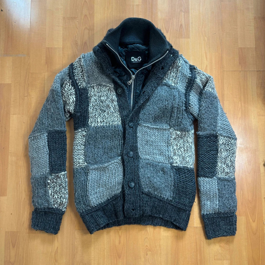 Dolce & Gabbana black and grey chunky knit cardigan with removable quilted bomber jacket.