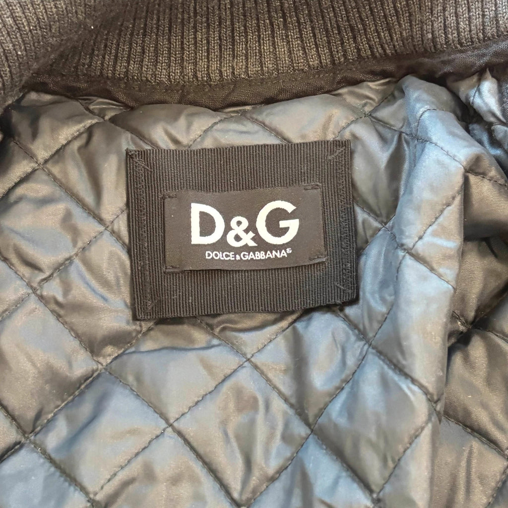 Dolce & Gabbana black and grey chunky knit cardigan with removable quilted bomber jacket.