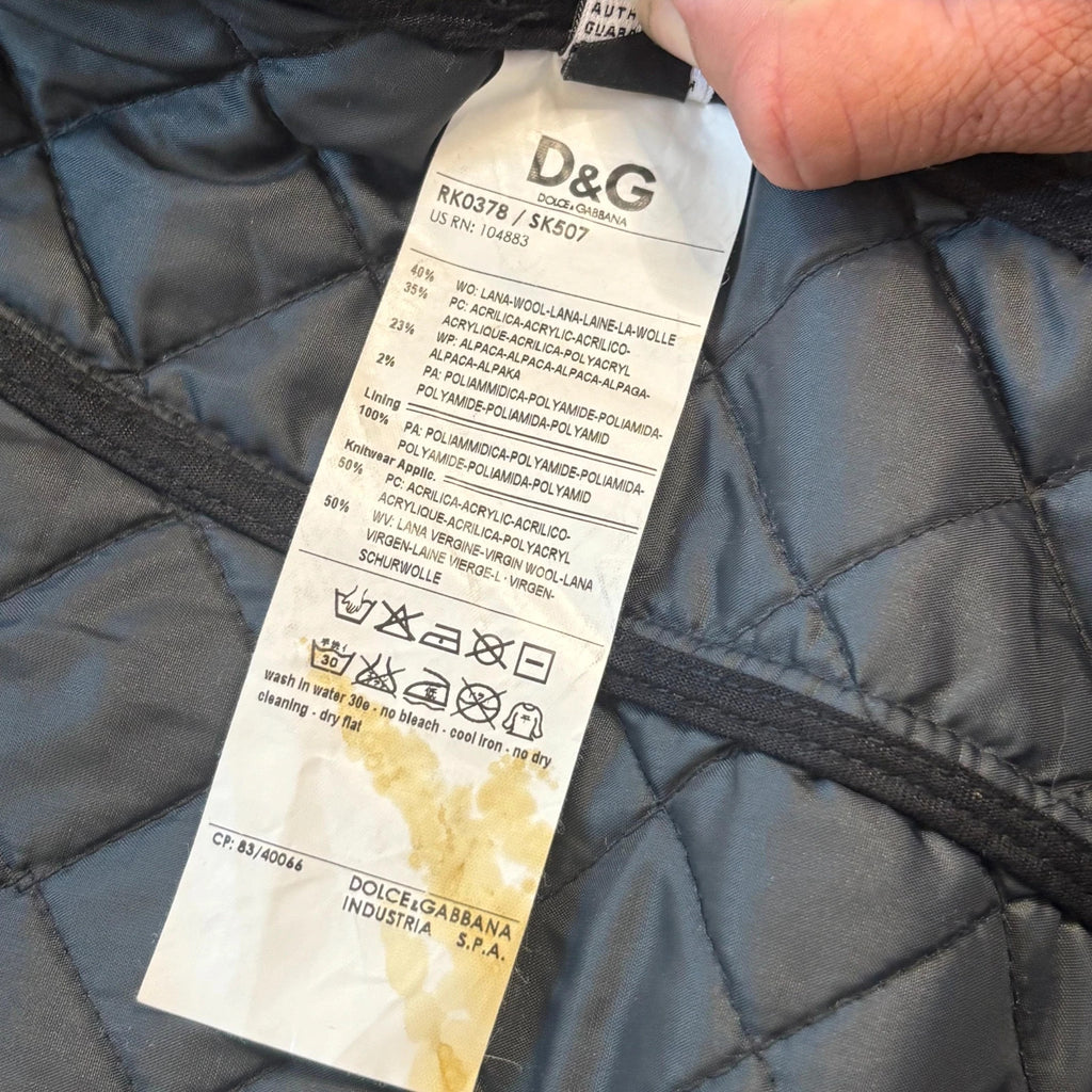 Dolce & Gabbana black and grey chunky knit cardigan with removable quilted bomber jacket.