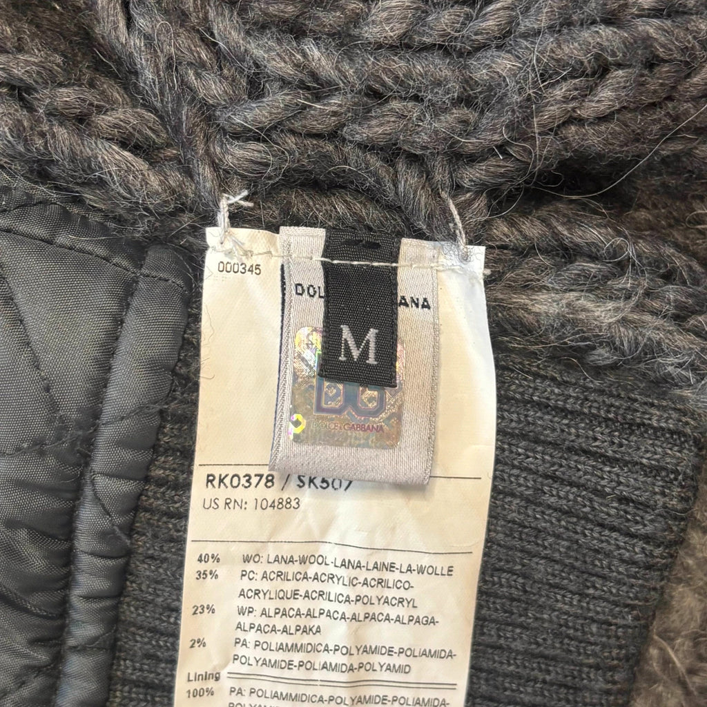 Dolce & Gabbana black and grey chunky knit cardigan with removable quilted bomber jacket.