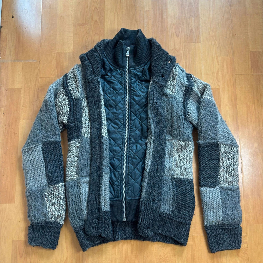 Dolce & Gabbana black and grey chunky knit cardigan with removable quilted bomber jacket.