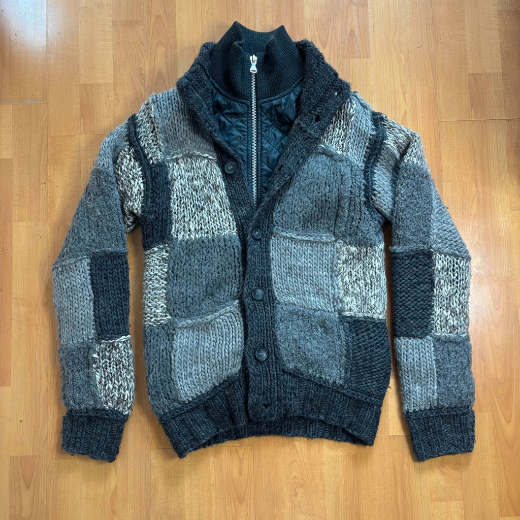 Dolce & Gabbana black and grey chunky knit cardigan with removable quilted bomber jacket.