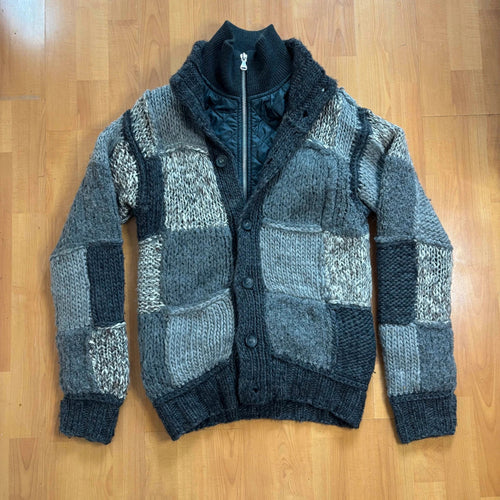 Dolce & Gabbana black and grey chunky knit cardigan with removable quilted bomber jacket.