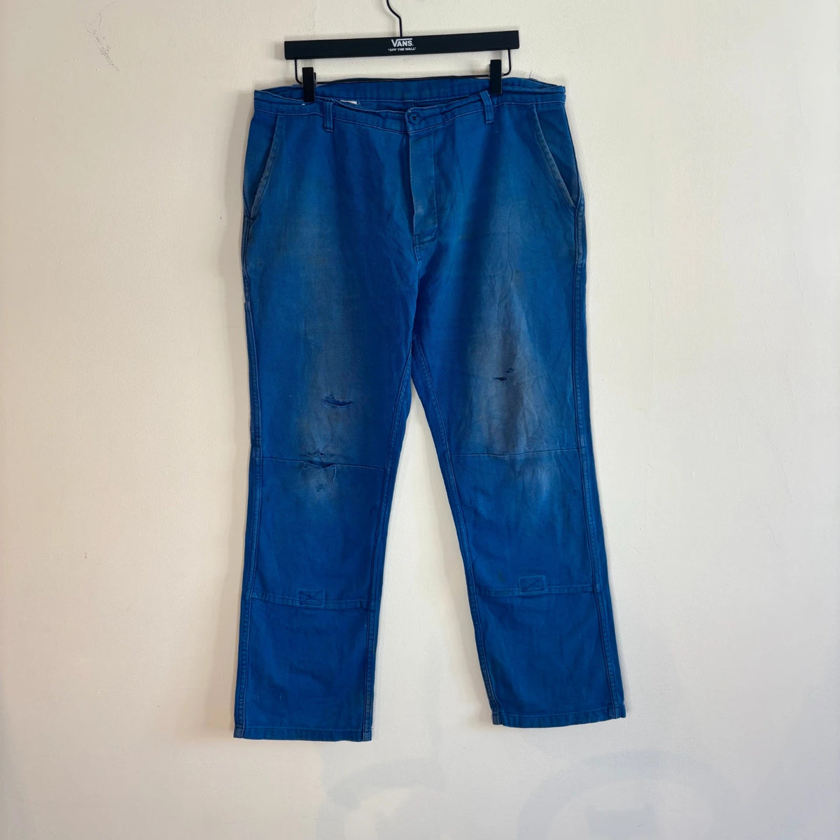 Vintage Dressing blue wide-leg trousers with double knees and utility pocket detailing.