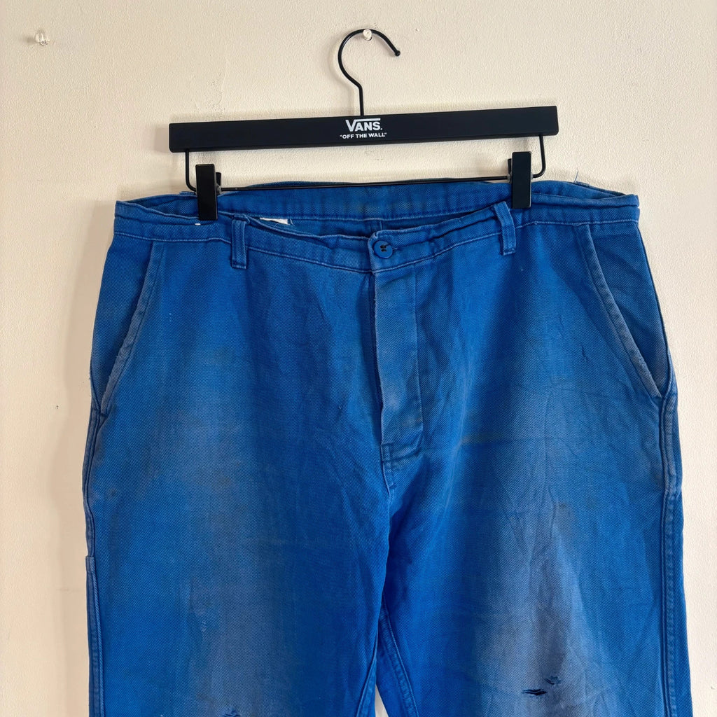 Vintage Dressing blue wide-leg trousers with double knees and utility pocket detailing.