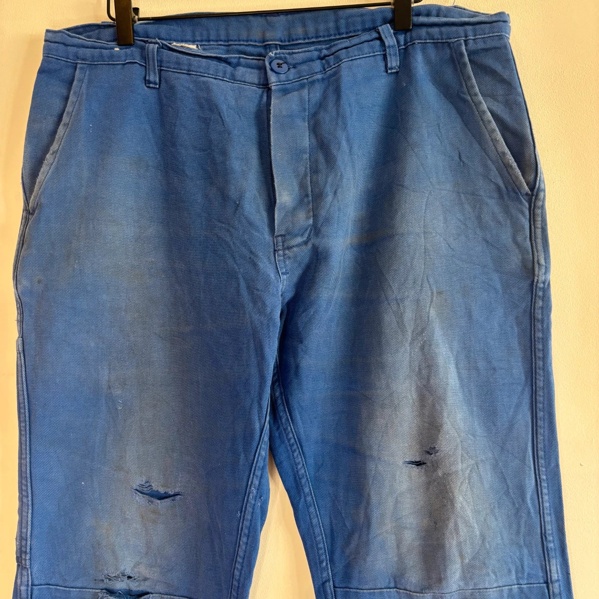 Vintage Dressing blue wide-leg trousers with double knees and utility pocket detailing.