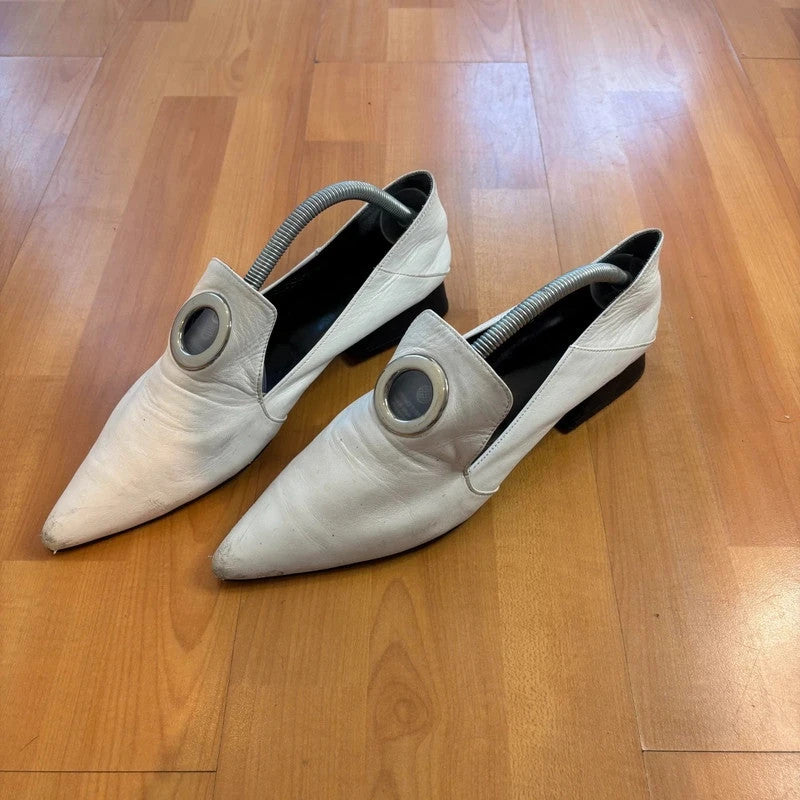 YUUL YIE white leather pointed toe heels with hardware ring detail and low block heel.