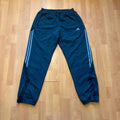 Adidas grey joggers with reflective three-stripe detailing and adjustable drawstring waist.