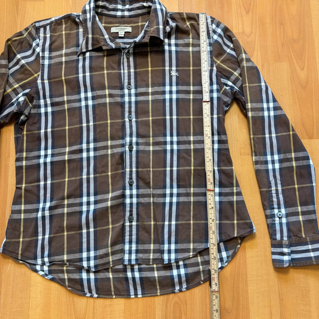 Burberry men's button-up shirt blue and brown plaid with knight logo embroidered on chest.
