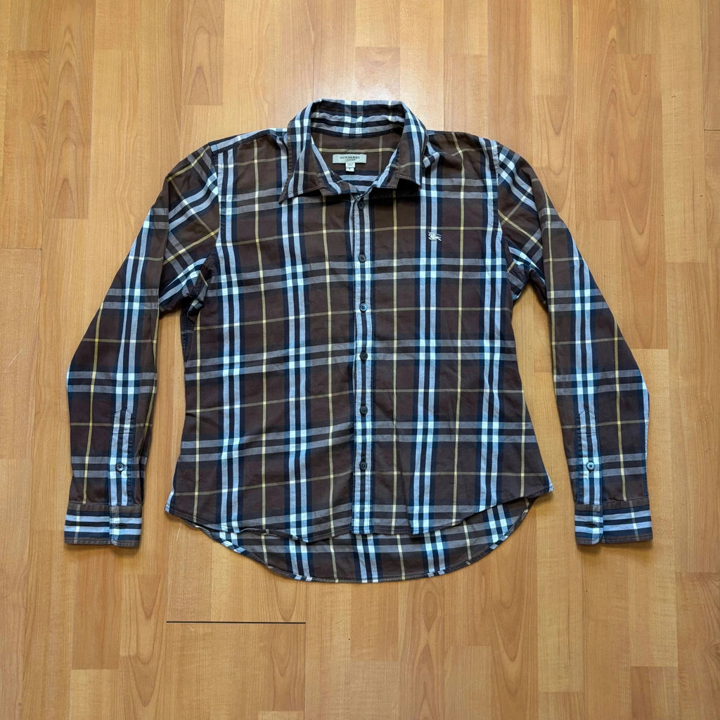 Burberry men's button-up shirt blue and brown plaid with knight logo embroidered on chest.