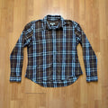 Burberry men's button-up shirt blue and brown plaid with knight logo embroidered on chest.