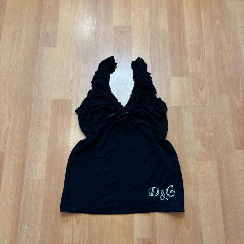 Dolce & Gabbana black cami tank top with ruffled neckline and rhinestone logo detail.