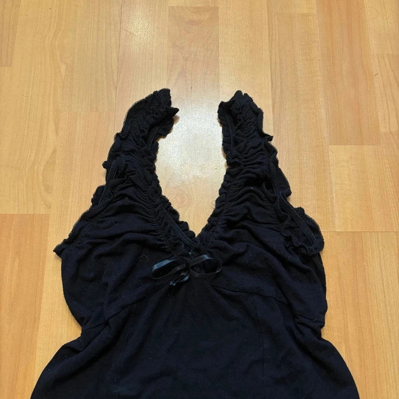 Dolce & Gabbana black cami tank top with ruffled neckline and rhinestone logo detail.