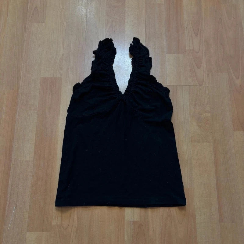 Dolce & Gabbana black cami tank top with ruffled neckline and rhinestone logo detail.
