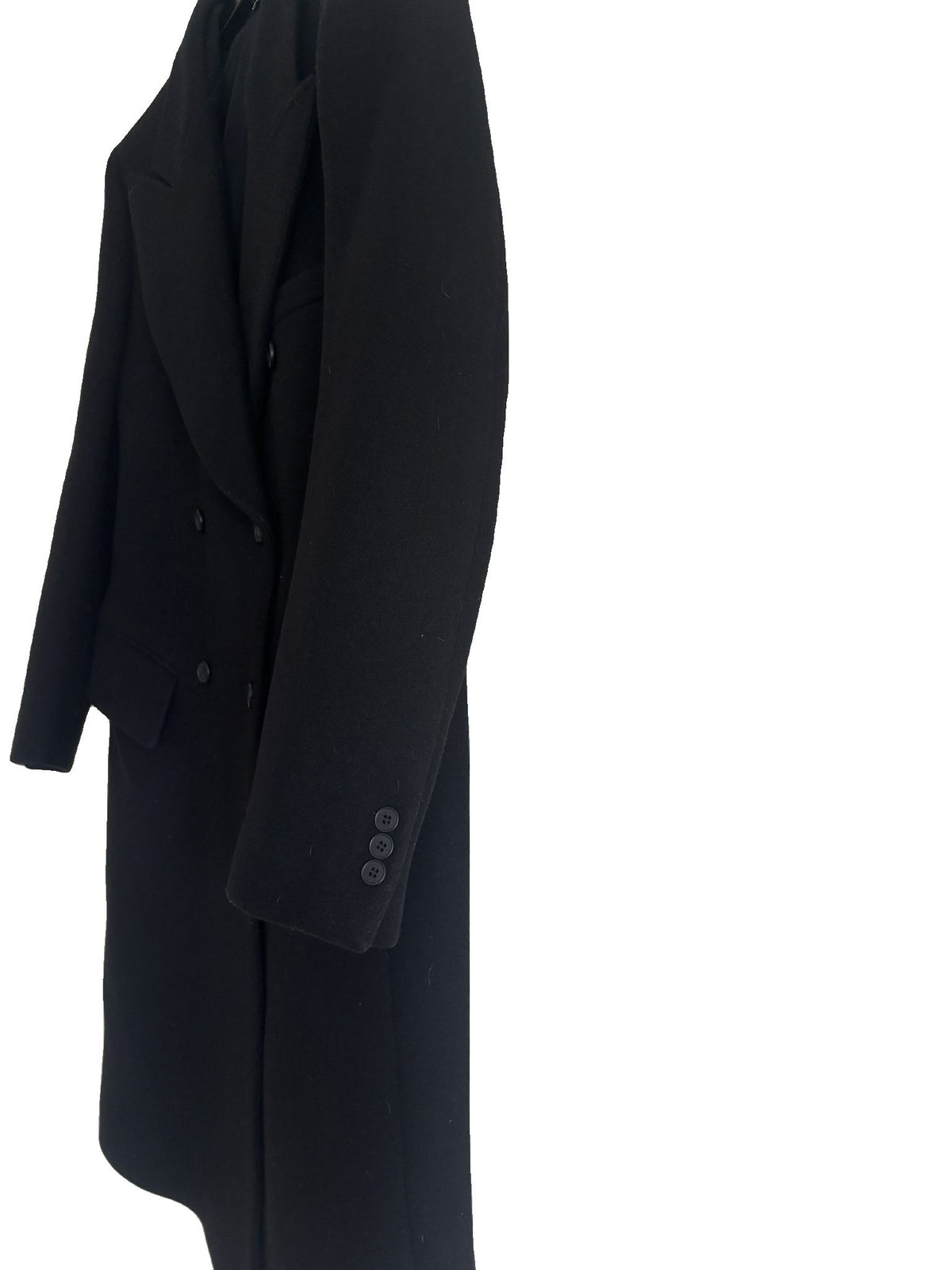 Christopher Kane black wool blend double-breasted coat with button detailing and smooth lining.