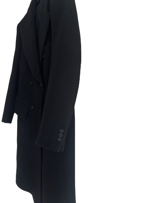 Christopher Kane black wool blend double-breasted coat with button detailing and smooth lining.