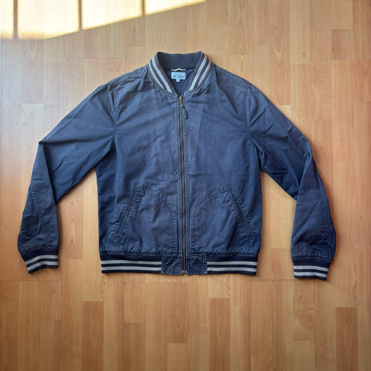 Hartford beige navy blue bomber jacket 100% cotton striped ribbed cuffs and collar
