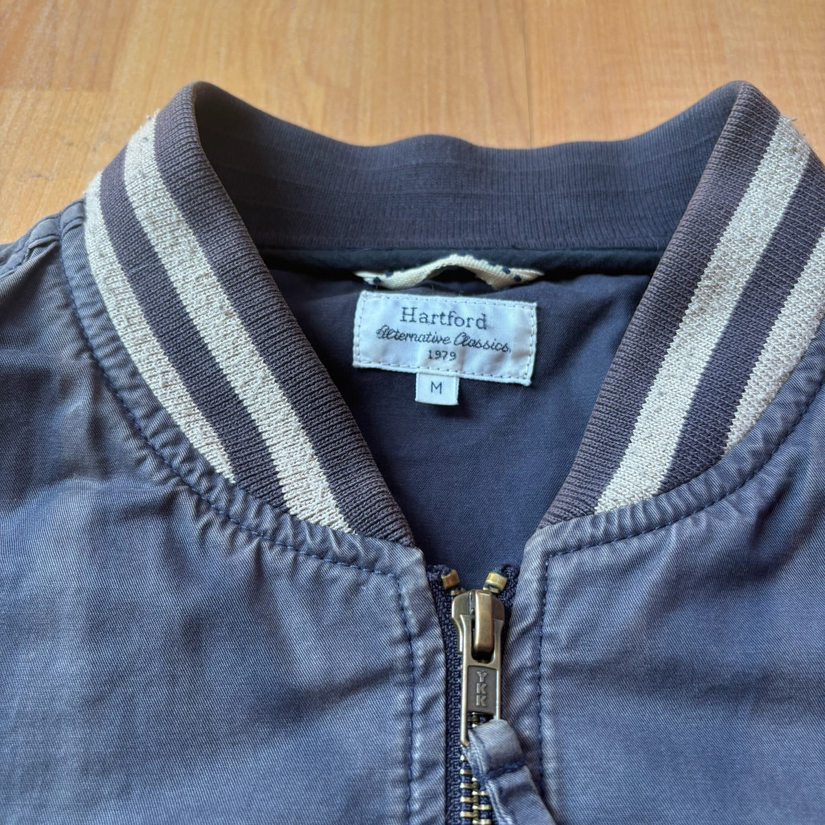 Hartford beige navy blue bomber jacket 100% cotton striped ribbed cuffs and collar