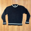 GOOD ENOUGH black and white knitted fisherman sweater with ribbed texture and striped collar.